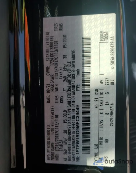 2021 Ford F150 Raptor from USA, damaged, VIN 1FTFW1RG9MFC39449